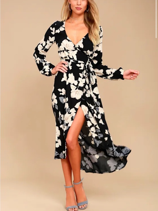 Lulus Dresses & Skirts - Lulu's Black Wrap Midi Dress with Cream Floral Print